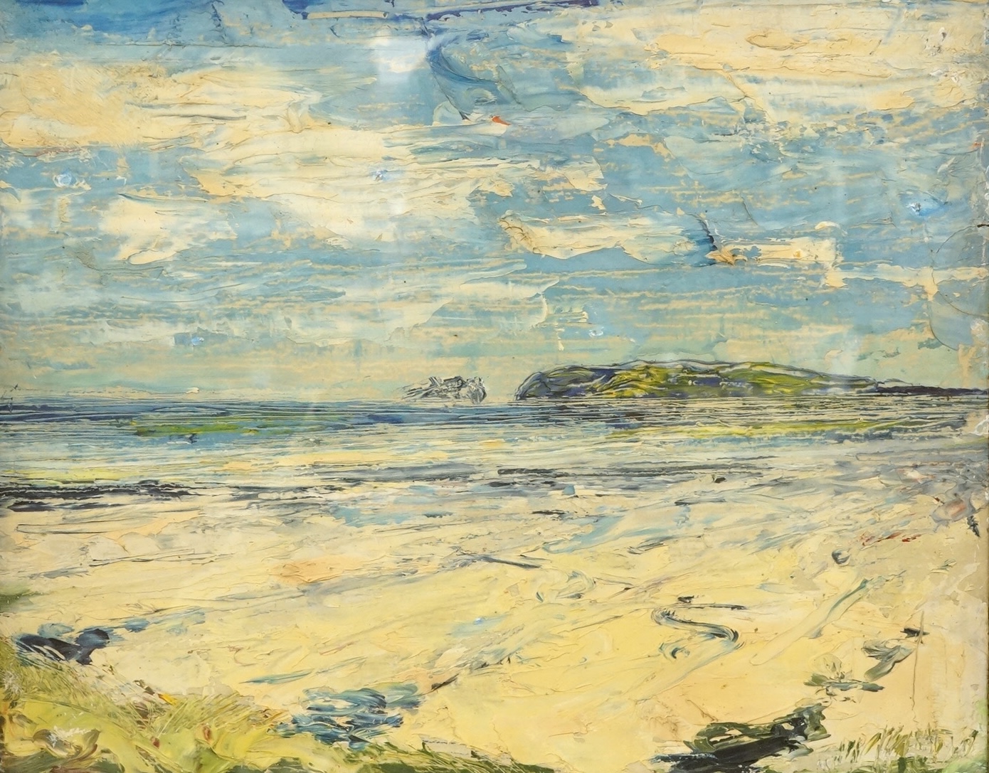 Irish Impressionist School, ‘Ireland's Eye and Howth Head from Malahide Beach’, unsigned, bears Hendriks Gallery, Dublin label verso, oil, 26 x 32cm